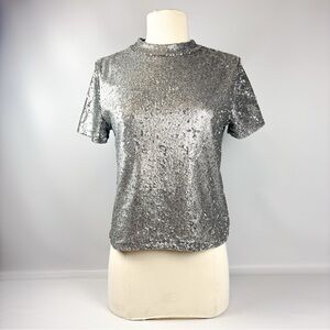 ZARA Silver Sequin Short Sleeve Top – Size M